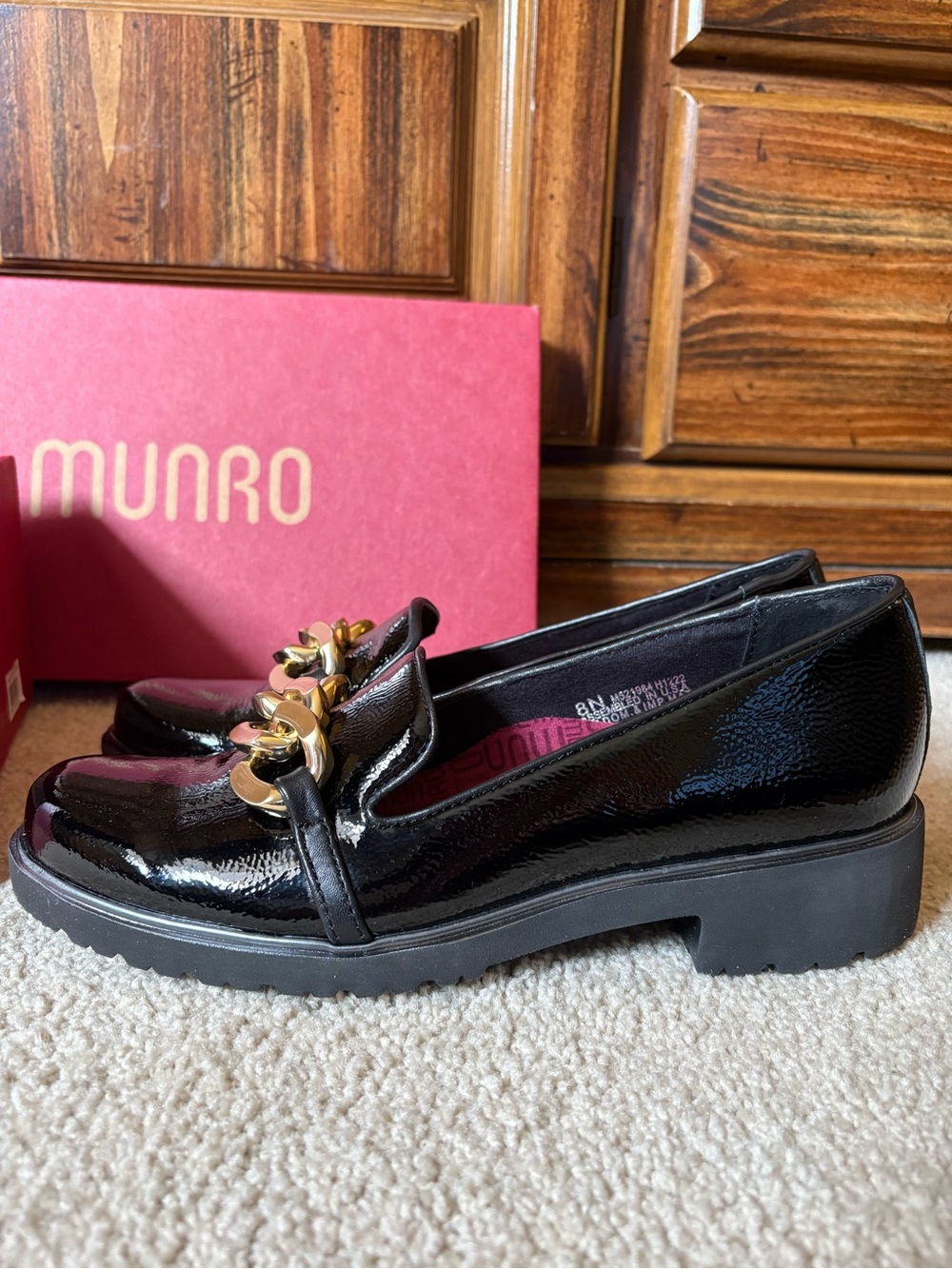Munro Black Patent Loafers with Gold Chain Detail